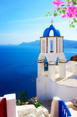 view of caldera with stairs and belfry, Santorini