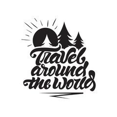 Travel around the world logo in lettering style. Travel logo with sun and trees illustration. Vector illustration design.