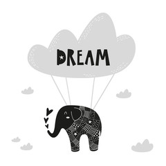 Flying elephant poster for baby room, greeting card, print on the wall, pillow, decoration kids interior, baby wear and t-shirts   - 190876891