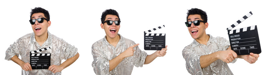 Man with movie clapperboard isolated on white