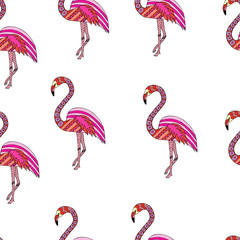 Obraz premium Seamless pattern with pink flamingo in doodle style.