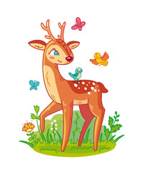 Cute deer with antlers standing on grass with birds and butterflies. Spring mood. Vector illustration in cartoon stile.
