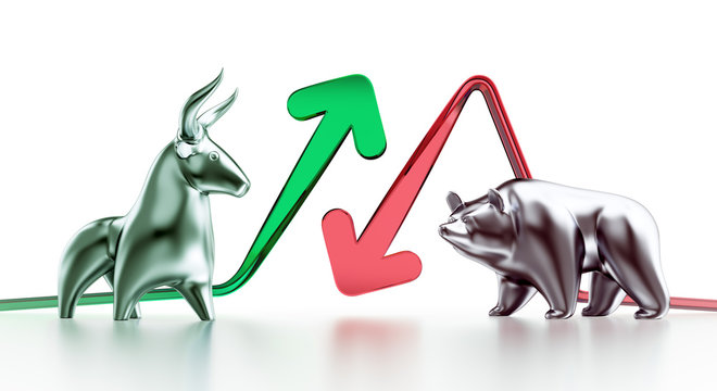 Bullish And Bearish Markets. Metallic statuettes of a bull and a bear in front of trending arrows in between of them. 3D rendering graphics on white background.