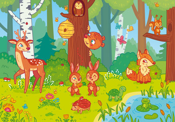 Vector illustration with cute forest animals in cartoon style for children. Landscape and a set of mammals. Collection for educational games.