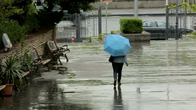 Hiding from rain people rushing about their business, meteorological forecast