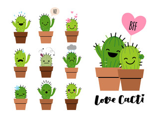 Set of emoji icons with cute cactuses in brown flower pots. Cartoon style emotion stickers or patches or pins on white isolated background.