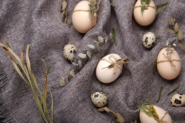 Chicken and quails eggs with decorative elements on black background