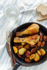 Top view Fried chicken legs and fried potatoes in pan