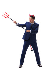 Evil devil businessman with pitchfork isolated on white backgrou