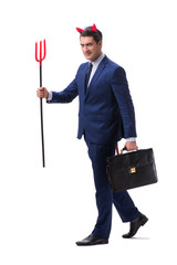 Evil devil businessman with pitchfork isolated on white backgrou