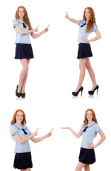 Naklejka premium Young naughty student pressing virtual button isolated on white