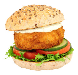 Breadcrumb covered fish cake and salad sandwich isolated on a white background