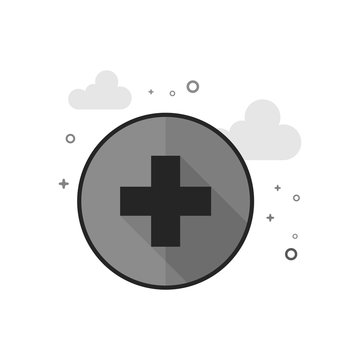 Plus sign icon in flat outlined grayscale style. Vector illustration.