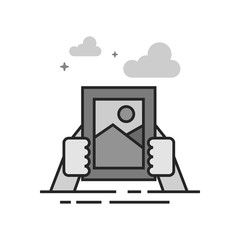 Hand holding painting icon in flat outlined grayscale style. Vector illustration.