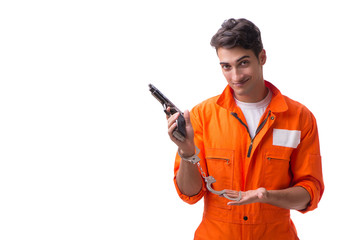 Prisoner with gun isolated on white background