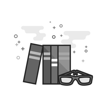 Books and glasses icon in flat outlined grayscale style. Vector illustration.