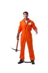 Prisoner with axe isolated on white background