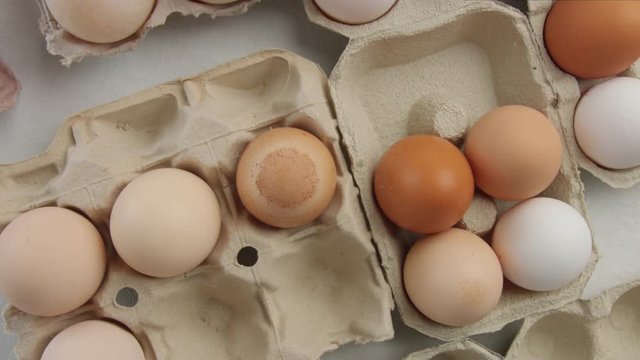 top view of eggs in boxes. Many different eggs in boxes
