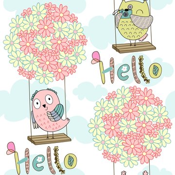 Cartoon owls on a flower swing in the clouds. Seamless pattern.