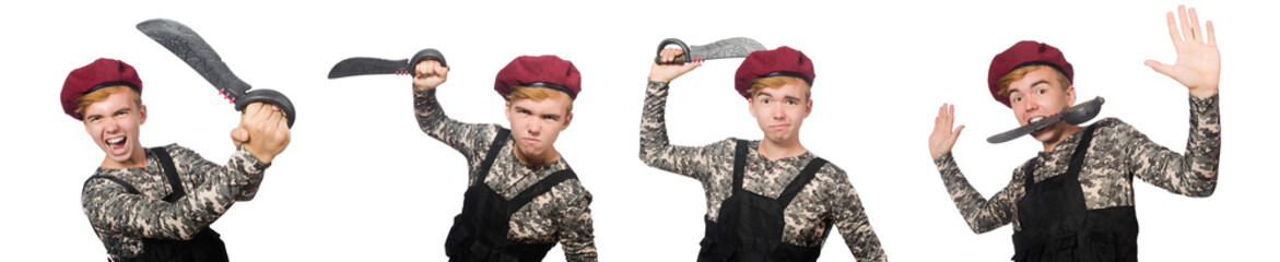 Funny soldier in military concept isolated on the white