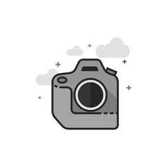Camera icon in flat outlined grayscale style. Vector illustration.