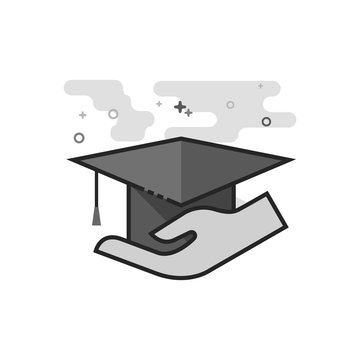 Hand holding diploma icon in flat outlined grayscale style. Vector illustration.