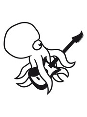 Plakat elektrische gitarre spielen musik party feiern band heavy metal hard rock riesig groß böse gefährlich oktopus tentakel unterwasser tintenfisch riesenkrake kraken comic cartoon design clipart