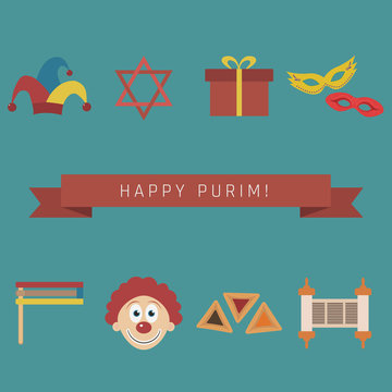 Purim holiday flat design icons set with text in english