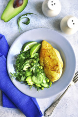 Roasted chicken fillet garnished with green vegetable salad.Top view.