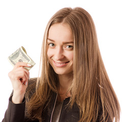 Beautiful young woman in the hands of money dollars