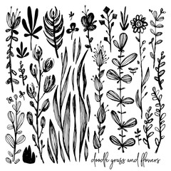 Set of black and white doodle elements, meadow, rose, grass, bushes, leaves, flowers. Vector illustration, Great design element for congratulation cards, banners and others