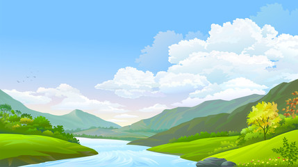 A flowing river, blue sky, high mountains and green meadows