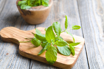Fresh mint on wood