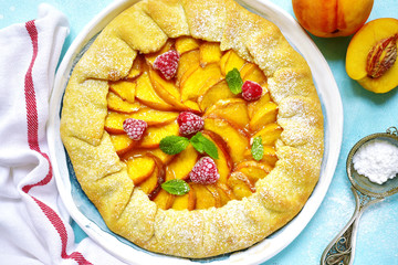Delicious summer dessert peach galette.Top view.
