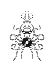 dj party feiern platte vinyl auflegen club musik disko cool riesig groß böse gefährlich oktopus tentakel unterwasser tintenfisch riesenkrake kraken comic cartoon design clipart