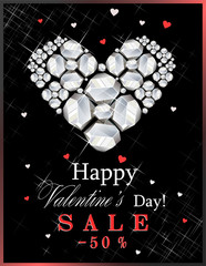 Sale happy Valentine's Day with a heart of precious white stones on a black background and congratulations