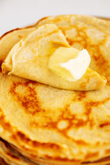 Russian traditional food. Appetizing fried pancakes during Pancake Week