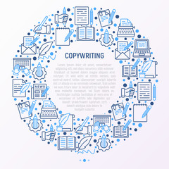 Copywriting concept in circle with thin line icons: letter, e-mail, book, blogging, hand with pen, feather, typewriter, article, seo. Modern vector illustration for web page template, banner.