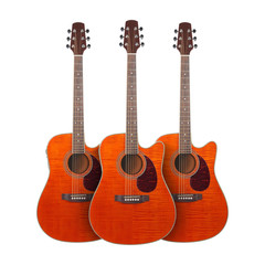Obraz premium Musical instrument - Three orange Flame maple cutaway acoustic guitar isolated in white