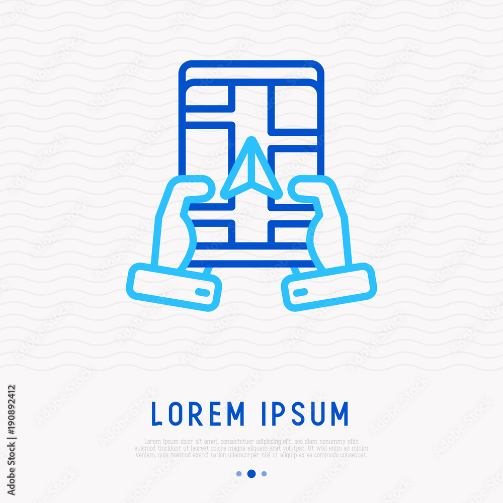 Poster Navigator on the tablet in hands thin line icon. Modern vector illustration of mobile gps navigation.