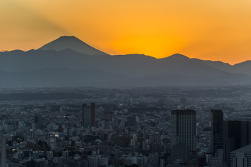 Tokyo sunset cityscape with  Mountian Fuji. Japan.