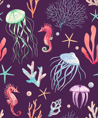 Naklejka premium Watercolor sea life pattern