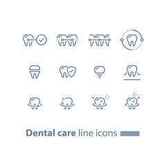 Teeth braces, dental care, stomatology services, cleaning and whitening, implant and crown, protection concept, line icons