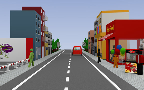 Straße mit Fast Food Laden, Popcornverkäufer, Häusern, Autos und Fußgängern. 3d render