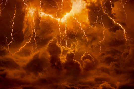 Hell realm, bright lightnings in apocalyptic sky, judgement day, end of world, eternal damnation