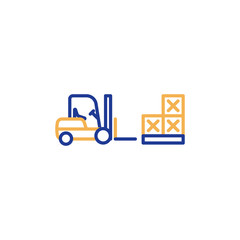 Fork truck with pallet of boxes, cargo load storage service line icon