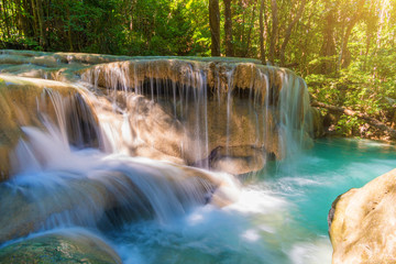 Fototapeta na wymiar Landscape photo. Waterfall beautiful in southeast asia. Erawan waterfall kanchanaburi Thailand