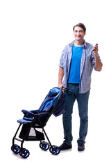 Young dad with baby pram isolated on white