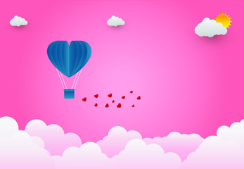Obraz na płótnie Canvas Valentine's day balloons in a heart shaped flying over grass view background, paper art style. vector illustrator