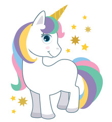 Cute Little Baby Unicorn with Rainbow Hair Isolated on White Cartoon Style Vector Illustration. Fantasy Animal